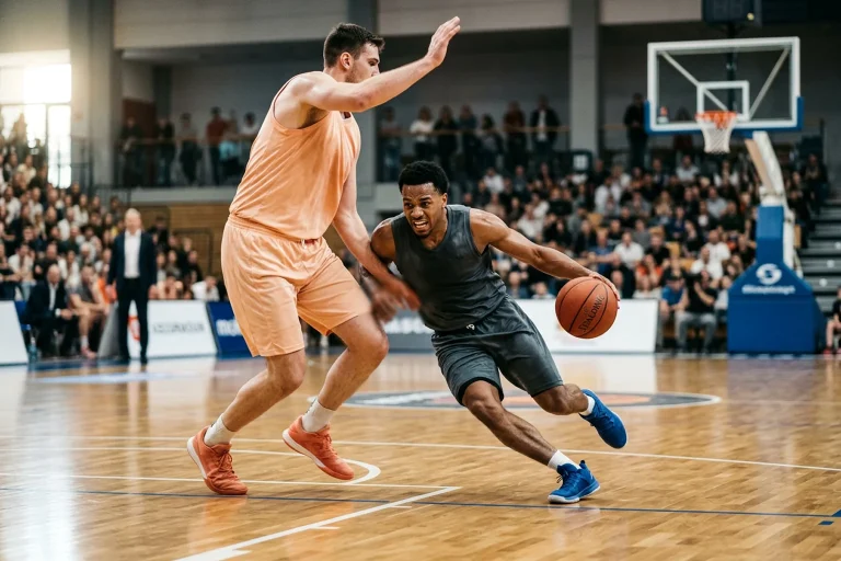 Kleinerer Basketballspieler dribbelt selbstbewusst an einem größeren Gegenspieler vorbei auf dem Spielfeld