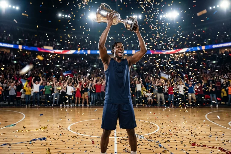 Basketballspieler hebt eine Trophäe in die Höhe nach einem gewonnenen Finale mit Konfetti im Hintergrund