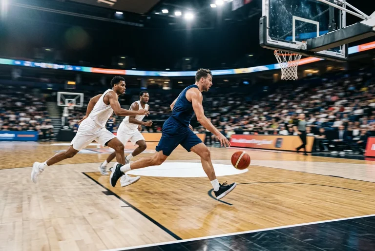 Dynamische Spielszene beim Basketball mit schnellem Spielerwechsel unter der Hallenbeleuchtung