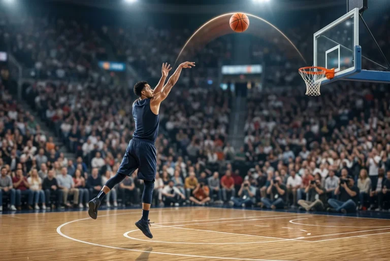 Basketballspieler beim Dreipunktewurf mit dem Ball in der Luft Richtung Korb in einer beleuchteten Halle