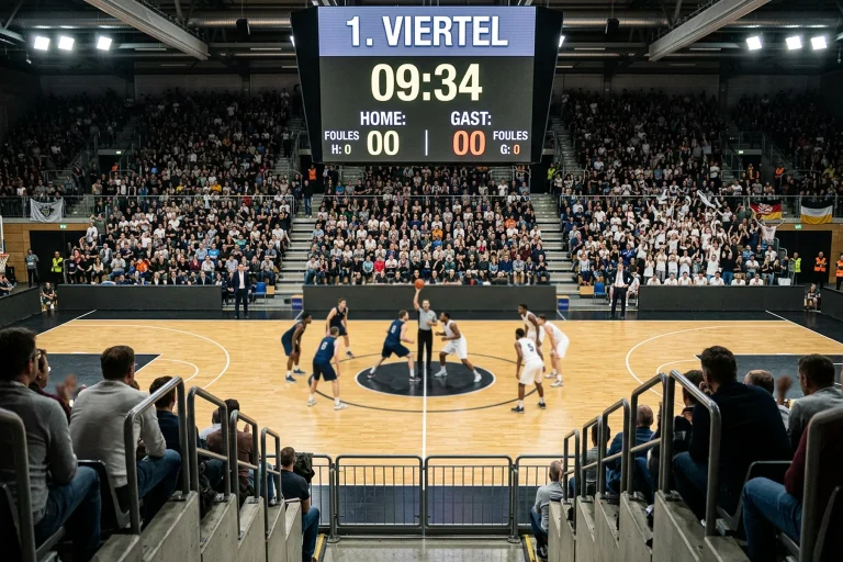 Anzeigetafel in einer Basketballhalle zeigt das erste Viertel mit Spielern bereit zum Sprungball
