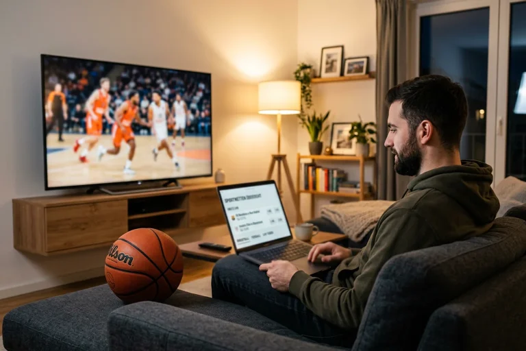 Junger Mann sitzt entspannt auf einem Sofa mit einem Laptop und schaut ein Basketballspiel auf dem Fernseher
