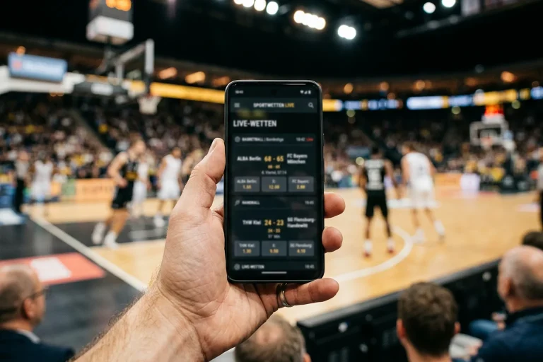 Hand hält ein Smartphone mit einer Sportwetten-Oberfläche, im Hintergrund ein Basketballfeld unscharf