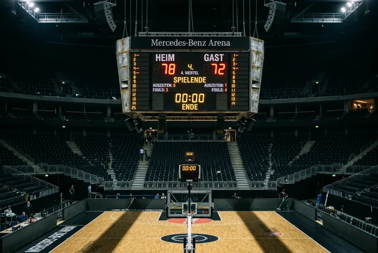 Endstand-Anzeigetafel in einer Basketballhalle nach einem Spiel mit leeren Sitzreihen im Hintergrund