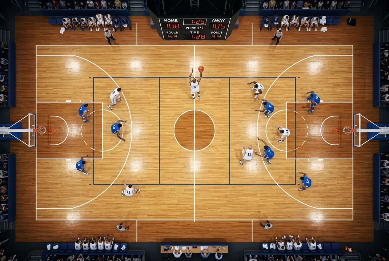 Basketball-Spielfeld mit Viertelstruktur und Spielaufbau für Sportwetten-Analyse
