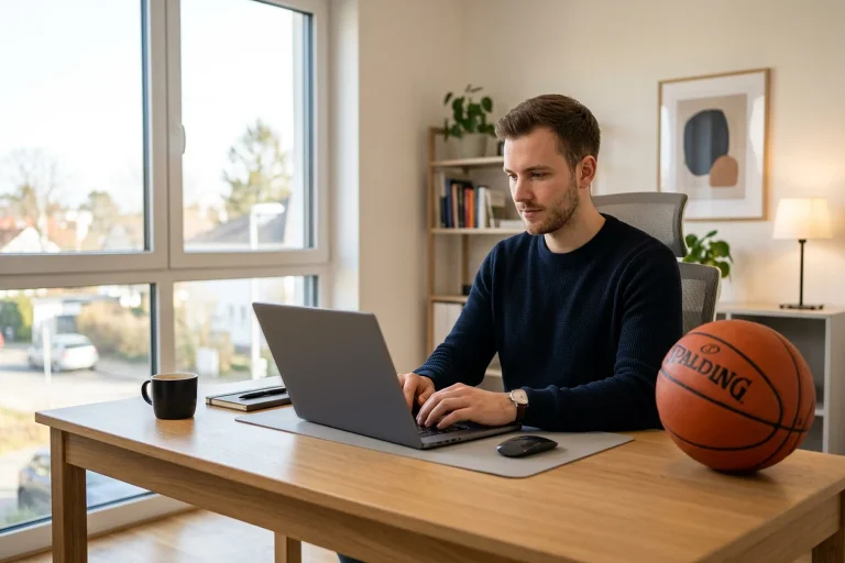 Person sitzt am Schreibtisch mit einem Laptop und tippt, daneben ein Basketball auf dem Tisch