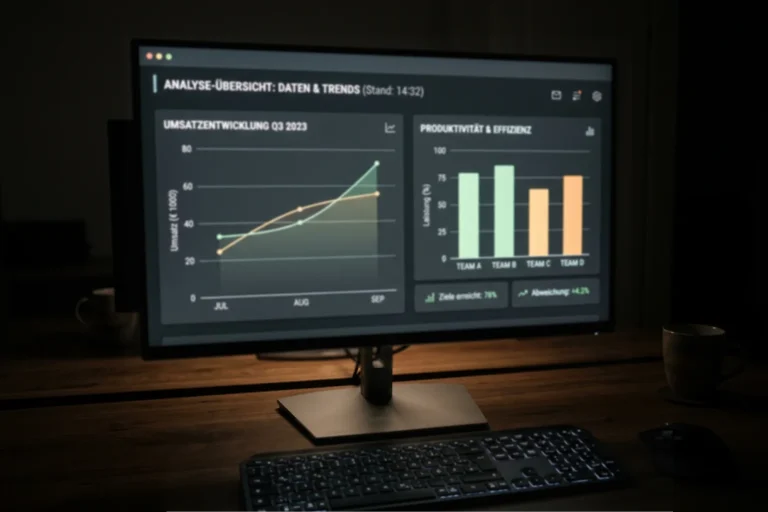 Nahaufnahme eines Bildschirms mit Basketballstatistiken und Datenvisualisierung in einem dunklen Raum