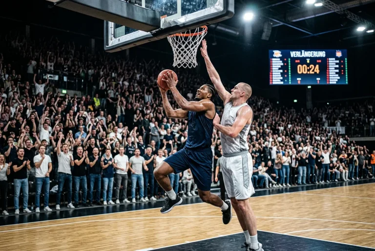 Basketballspieler beim intensiven Spielmoment in der Verlängerung, Uhr im Hintergrund zeigt Overtime
