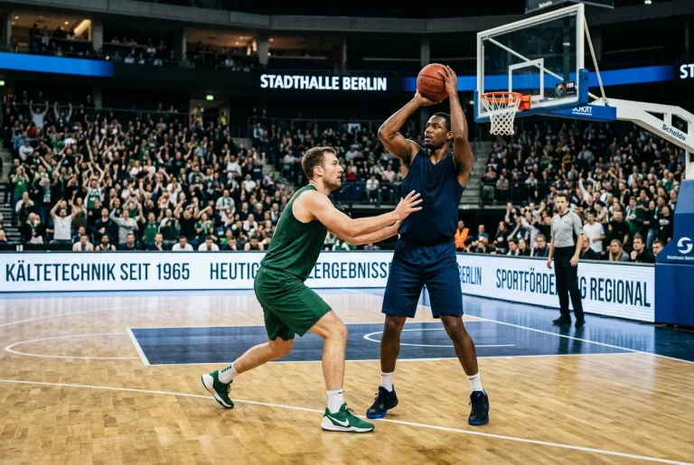 EuroLeague-Basketballspiel in einer europäischen Halle mit Spielern in Aktion unter Flutlicht