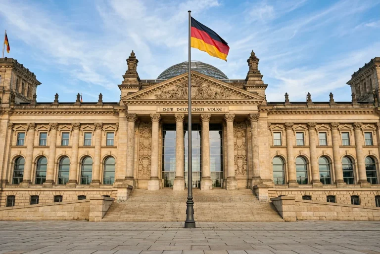 Deutsches Parlamentsgebäude von außen mit klarem Himmel, symbolisch für Gesetzgebung und Regulierung