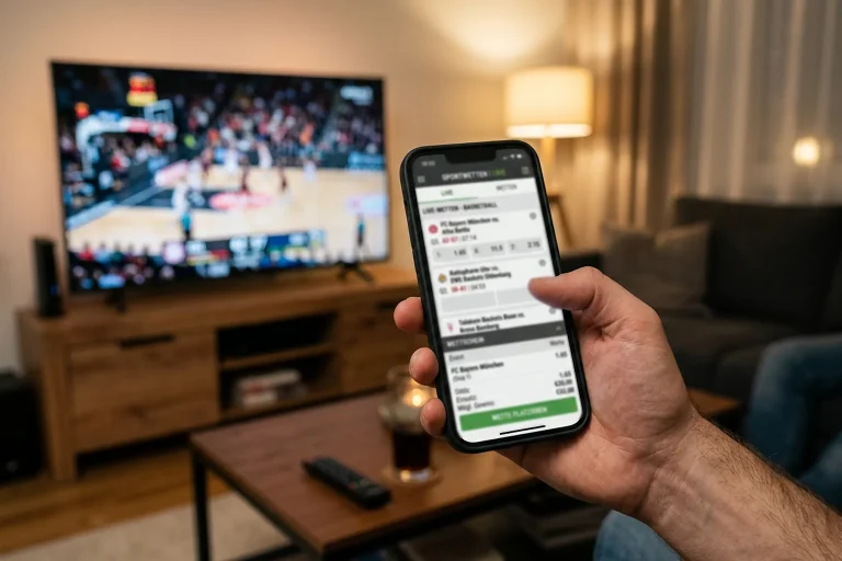 Person hält ein Smartphone mit einem Wettschein in der Hand, im Hintergrund ein Basketballspiel auf einem Bildschirm