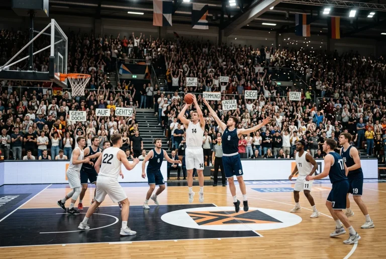 Volle College-Basketball-Arena während des NCAA-Turniers mit begeisterten Fans und Spielern auf dem Spielfeld