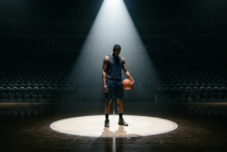 Basketballspieler allein auf einem leeren Spielfeld in einer dunklen Halle unter einem einzelnen Scheinwerfer