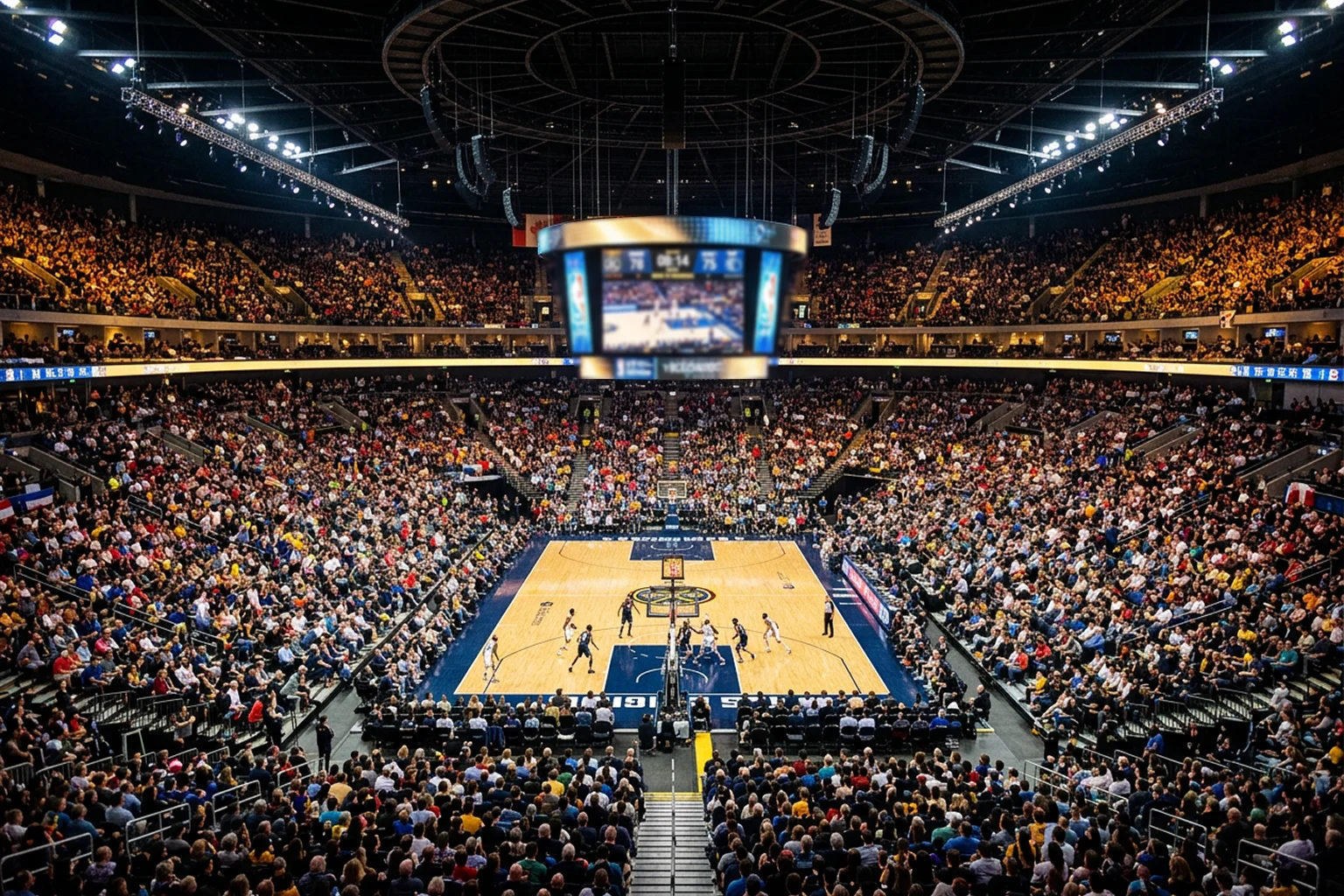 NBA-Arena mit Basketball-Spiel und Anzeigetafel für Wettanalyse und Quoten