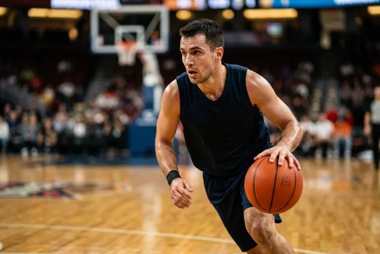NBA-Spieler in Nahaufnahme beim Dribbeln auf dem Basketballfeld mit konzentriertem Blick