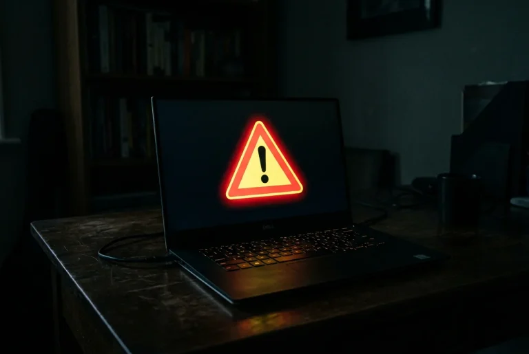 Dunkler Laptop-Bildschirm mit einem Warnsymbol in einem schummrigen Raum, symbolisch für illegale Anbieter