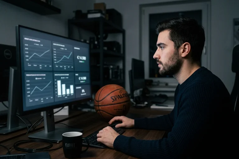 Person analysiert Statistiken auf einem Bildschirm mit Basketballdaten, konzentrierter Blick im Seitenprofil